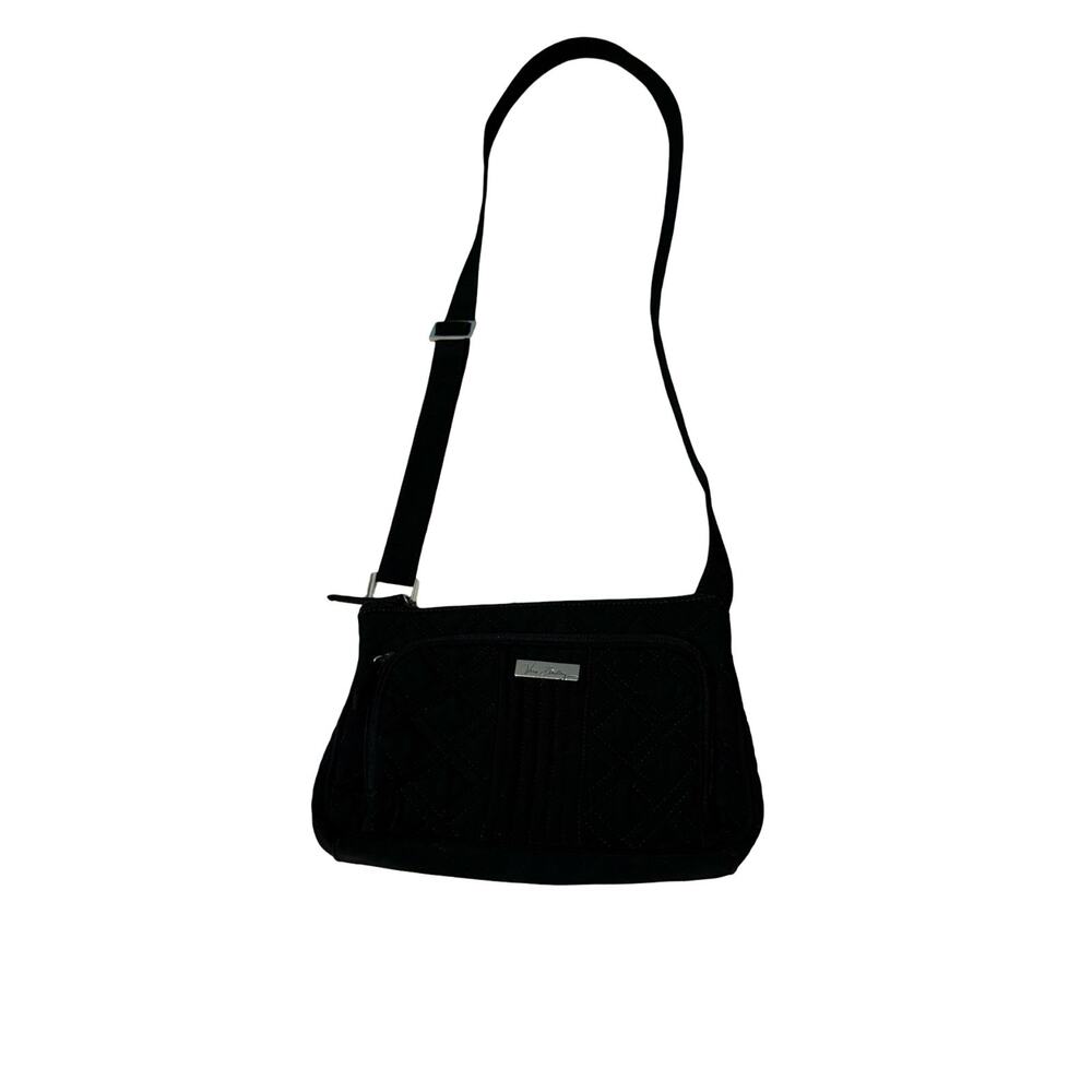 Vera Bradley Crossbody Purse Black Quilted Adjustable Medium Size Pockets Silver